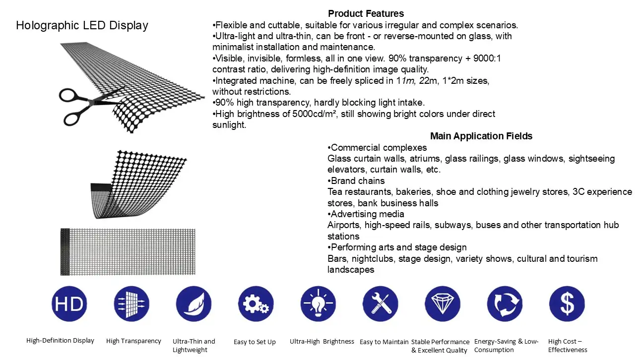 Holographic LED display with 90% transparency, 9000:1 contrast ratio, 5000cd/m² brightness, flexible and cuttable design.